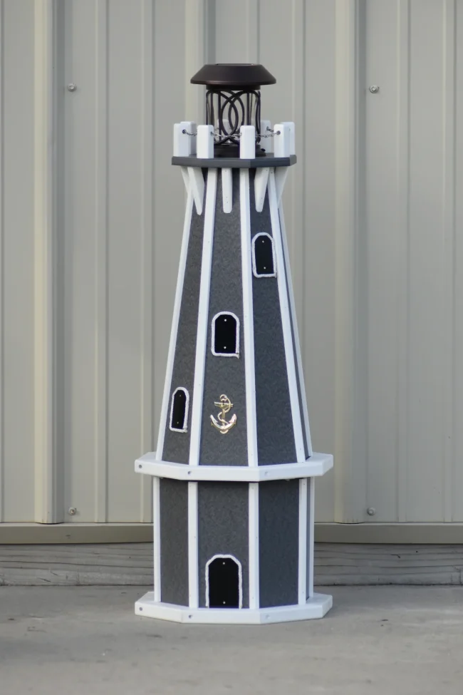 3222 Octagon Solar Powered Poly Lighthouses Gray white trim