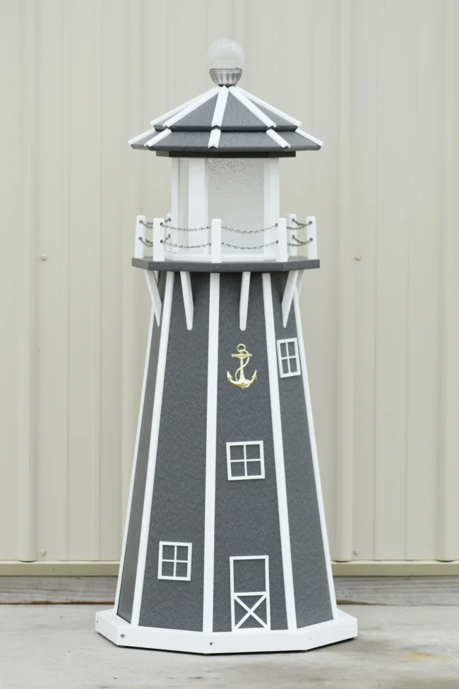 4 ft. Octagon Solar and Electric Powered Poly Lawn Lighthouse Gray white trim